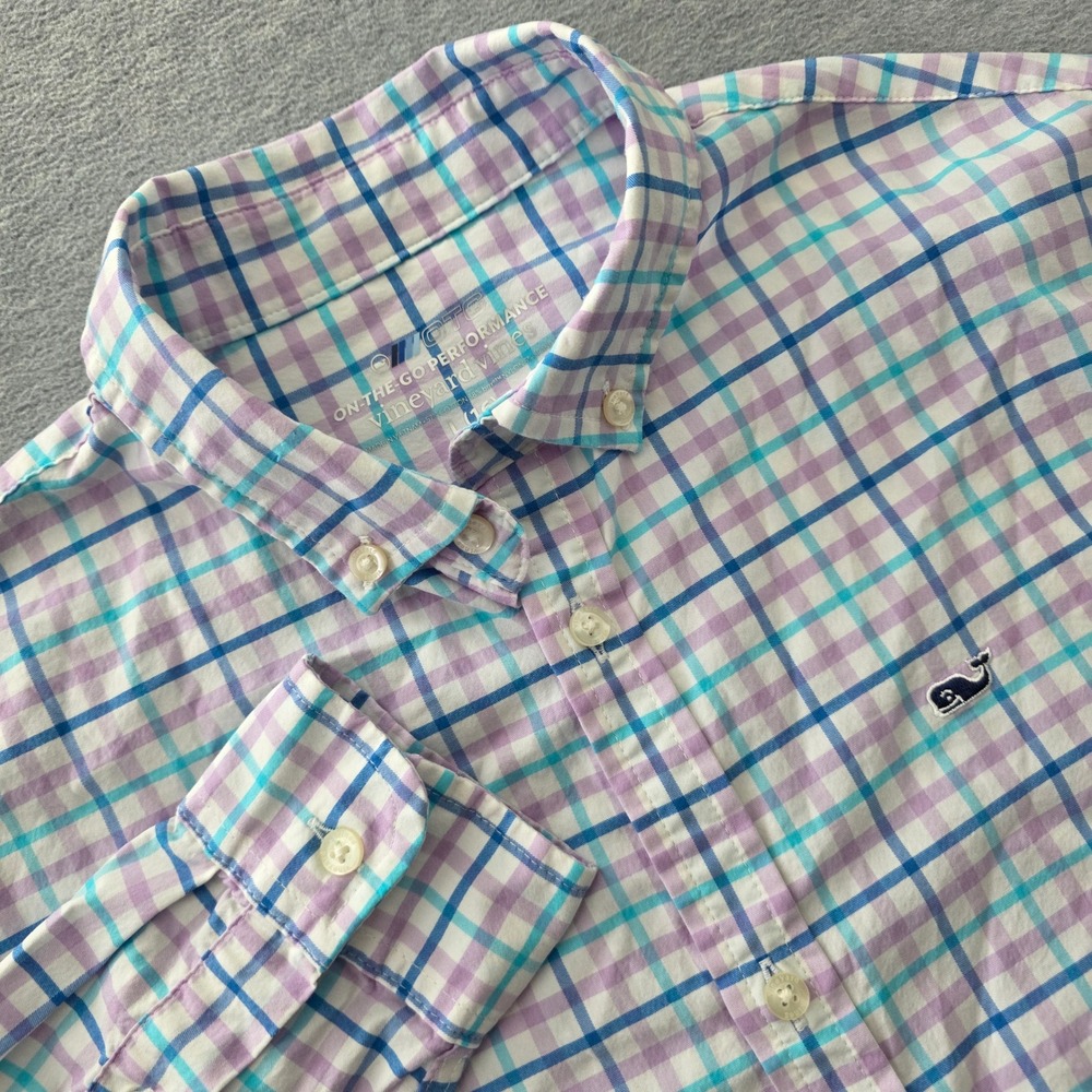 Vineyard Vines Boys On-The-Go Performance Plaid Shirt Purple Blue L 16 BRRR
